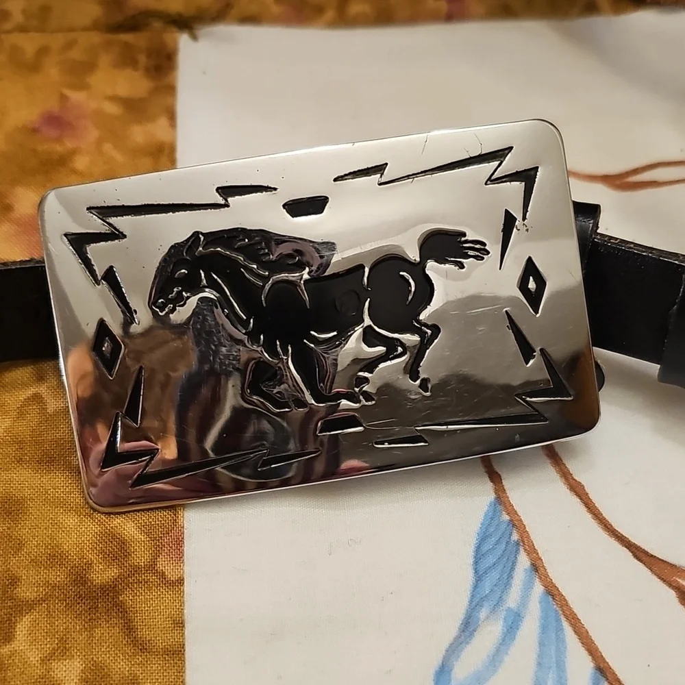 Black 28 Inch Leather Belt with Silver Buckle